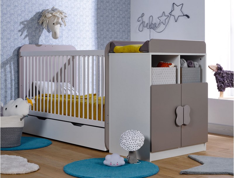 Chambre bébé évolutive Madrid Blanc/Lin + Tiroir & Matelas 70x140 cm