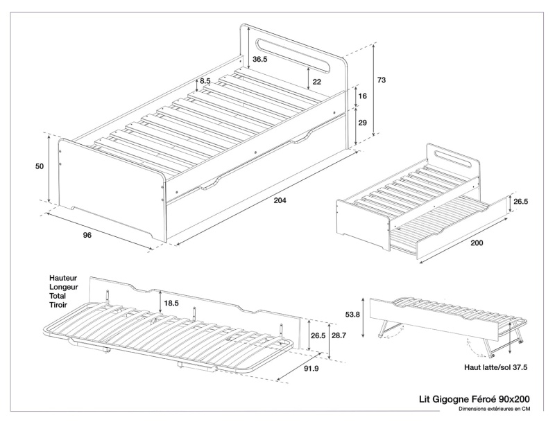 Dimensions du lit gigogne Féroé 90x200cm